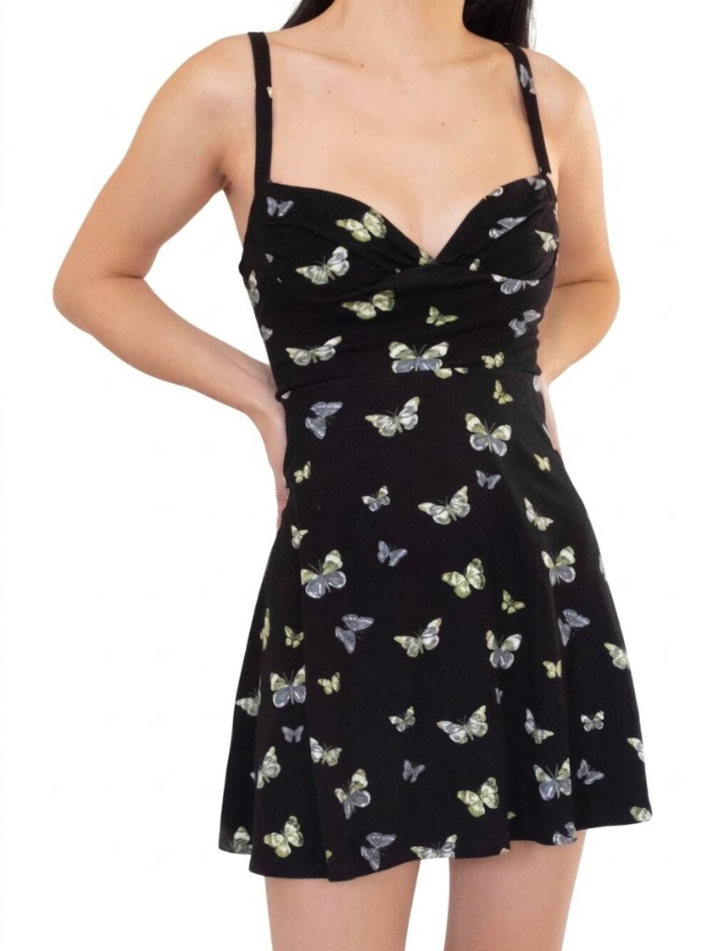 Urban Outfitters Butterfly Mini Dress S Black Green Ruched Sweetheart Whimsigoth